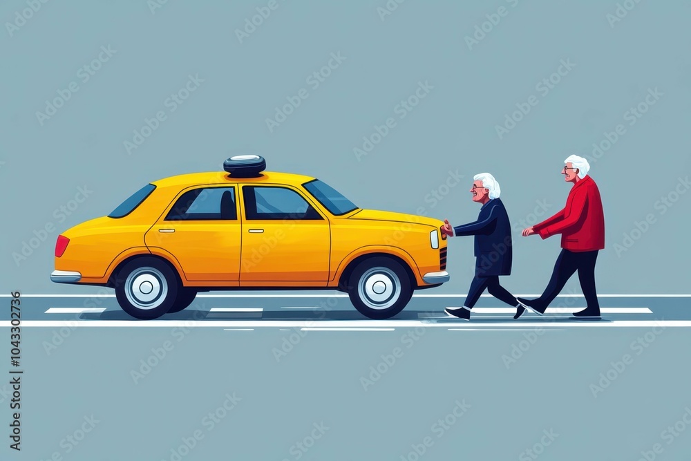 A playful illustration of a self-driving car helping an elderly person cross the street safely showcasing its community benefits. A playful illustration of a self-driving car helping an elderly person cross the street safely showcasing its community benefits.