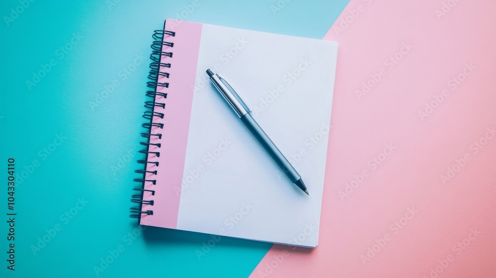 Blank notebook with pen on a blue and pink background. Blank notebook with pen on a blue and pink background.