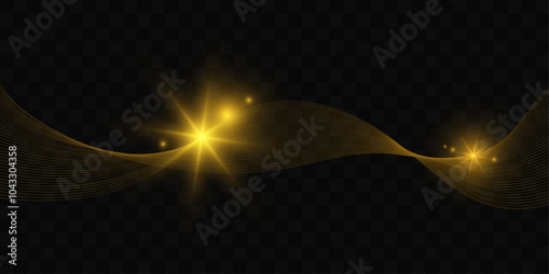 Golden waves with glittering effects. Beautiful curved lines and sparks. Special golden light effect, wave lines.