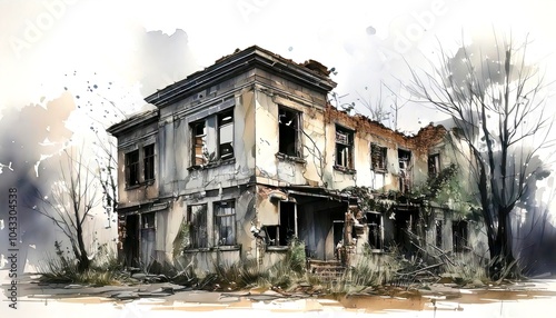 Urban Decay: A haunting watercolor painting of a dilapidated building, showcasing the decay and desolation of a once-vibrant city. Crumbling building. Illustration. Drawing. 1