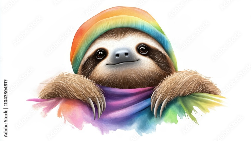 Obraz premium Colorful sloth wearing a rainbow hat and scarf, cute expression, white isolated background. Playful and funny animal.