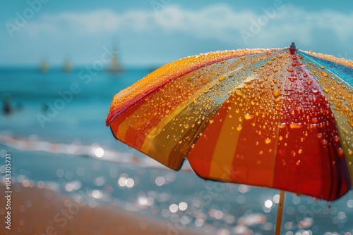 Brightly colored umbrella with water droplets on it on a beach, travel concept, copy space