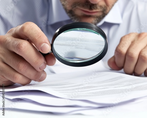 Man examining documents with a magnifying glass. Close-up of hands and paper, highlighting attention to detail and careful inspection.