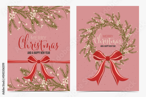 Merry Christmas, happy new year, beautiful greeting card set in pink, beige and green color palette, vector illustration