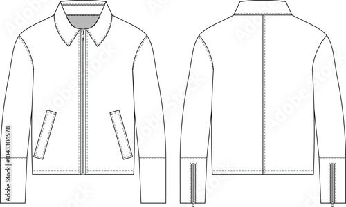 with pockets zippered cuff long sleeve collared denim jean leatherjacket coat template technical drawing flat sketch cad mockup fashion men man unisex  woman design style model 
