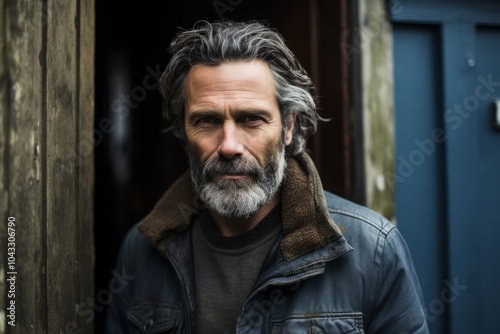 Portrait of handsome mature man with long gray beard and mustache, wearing denim jacket, looking at camera.