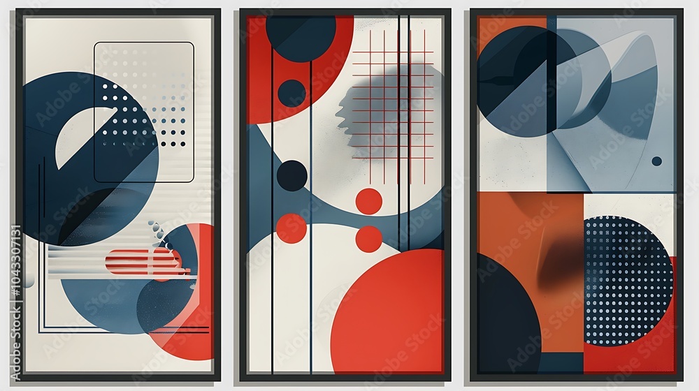 Obraz premium Three Poster Frame with Modern Abstract Geometric Shapes, Floral Artwork Wall decoration Background