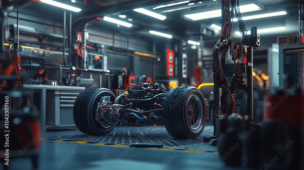Fototapeta premium Car Factory, Automated Robot Arm Assembly Line Manufacturing High-Tech Green Energy Electric Vehicles. Automatic Construction, Building, Welding Industrial Production Conveyor. AI 
