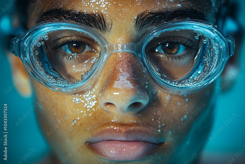 Close-up of swimmer's face in swimming goggles. Competition, swimming, pool, water, reservoir. Sports, healthy lifestyle
