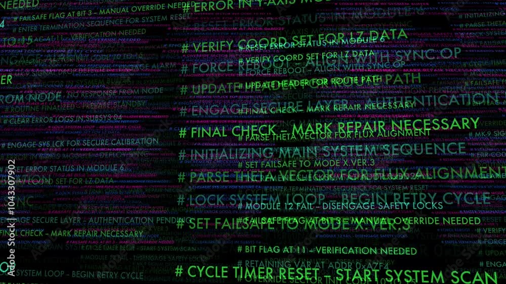 Glitchy digital interface with scrolling error logs and system commands on dark background Glitchy digital interface with scrolling error logs and system commands on dark background