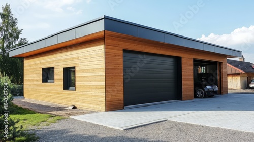 Modern Wood Garage with Black Doors: A sleek, contemporary garage with wood siding and black doors, showcasing a modern architectural style. 