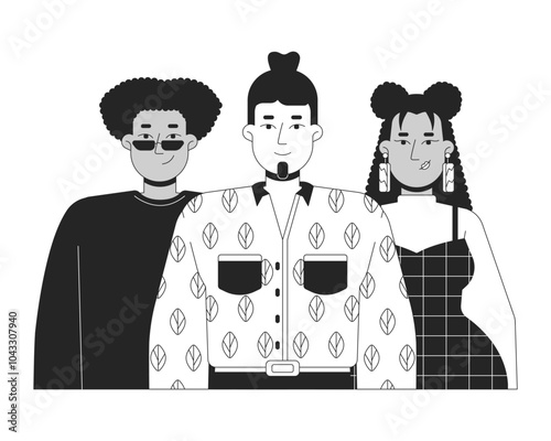 Business casual team members black and white 2D line characters. Office workers colleagues. Startup employees. Young adults multiracial isolated vector outline people. Monochromatic spot illustration