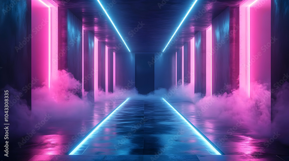 Neon Lights in a Futuristic Tunnel - 3D Illustration Neon Lights in a Futuristic Tunnel - 3D Illustration