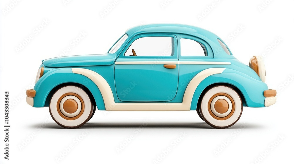 Fototapeta premium Vintage turquoise car with a classic design, white isolate background. Playful vehicle and clay art.