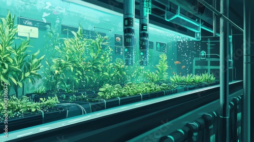 The concept of automated nutrient control in aquaponics in turquoise blue and lush green colors