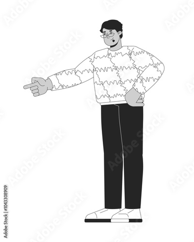 Sweatshirt adult arab man in glasses pointing finger black and white 2D line character. Sweater male middle eastern direction gesture isolated vector outline person. Monochromatic spot illustration