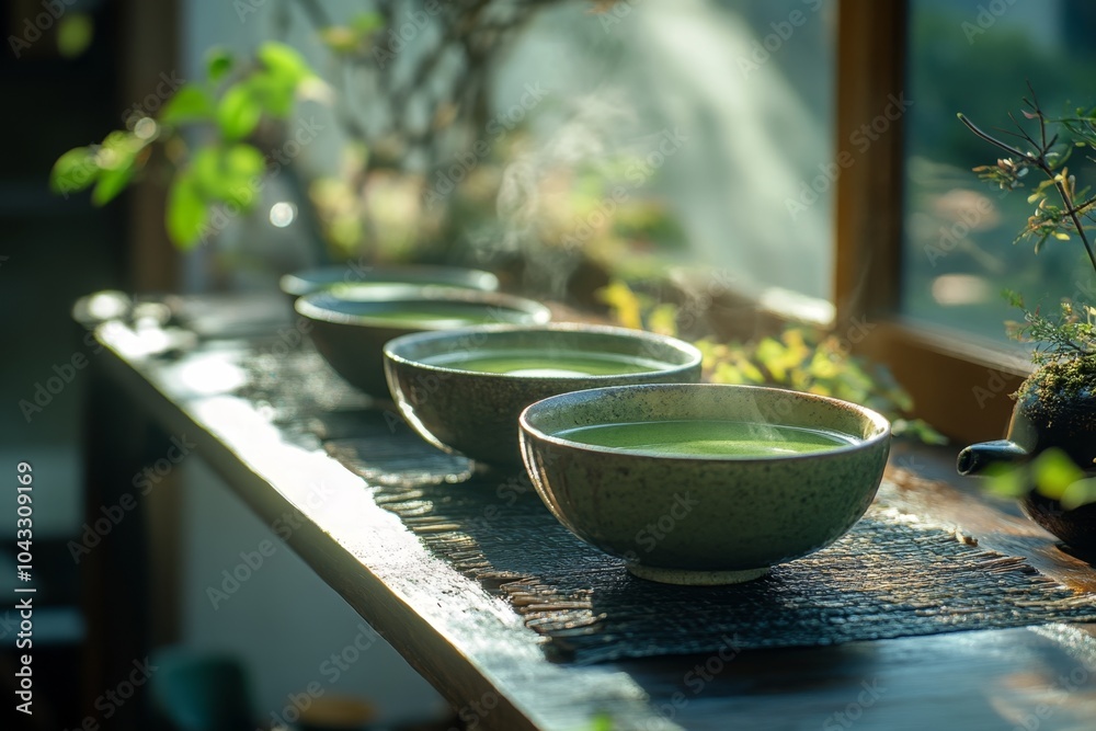 cup of matcha tea on wooden Japanese terrace lit with beautiful sunlight. ai generated