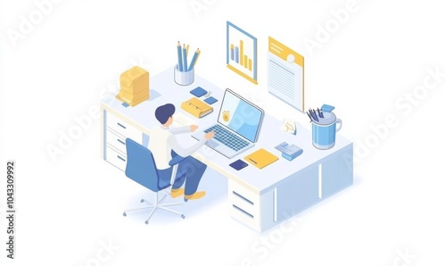 simple Isometric infographic of a businesspersonsitting at a desk, working with laptop and marketing materials.