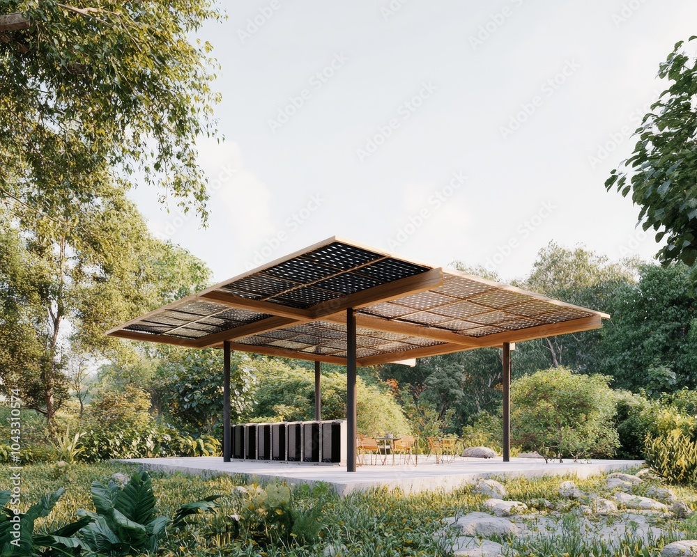 Modern wooden pavilion in a lush green park setting with grass and trees, under a clear blue sky, ideal for relaxation and outdoor activities. Modern wooden pavilion in a lush green park setting with grass and trees, under a clear blue sky, ideal for relaxation and outdoor activities.
