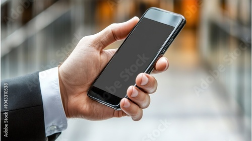 A person holding a smartphone in a professional setting.