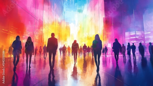 Vibrant Watercolor Cityscape with Silhouettes