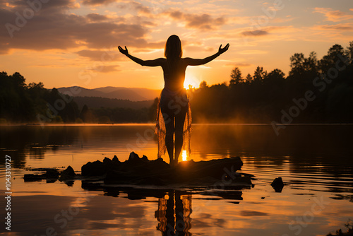 Silhouetted Figure Embracing Sunrise at Misty Lake with Arms Outstretched