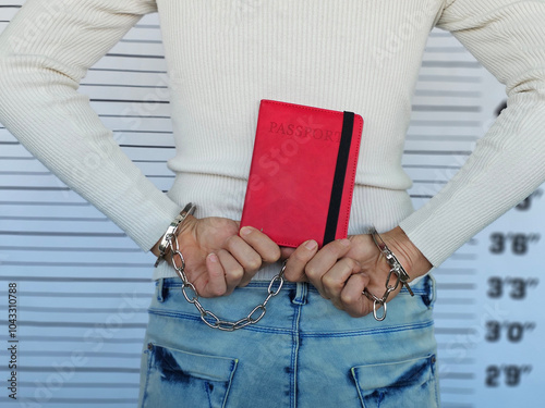 Принти на полотні A handcuffed man holds a red passport behind his back against a police height chart