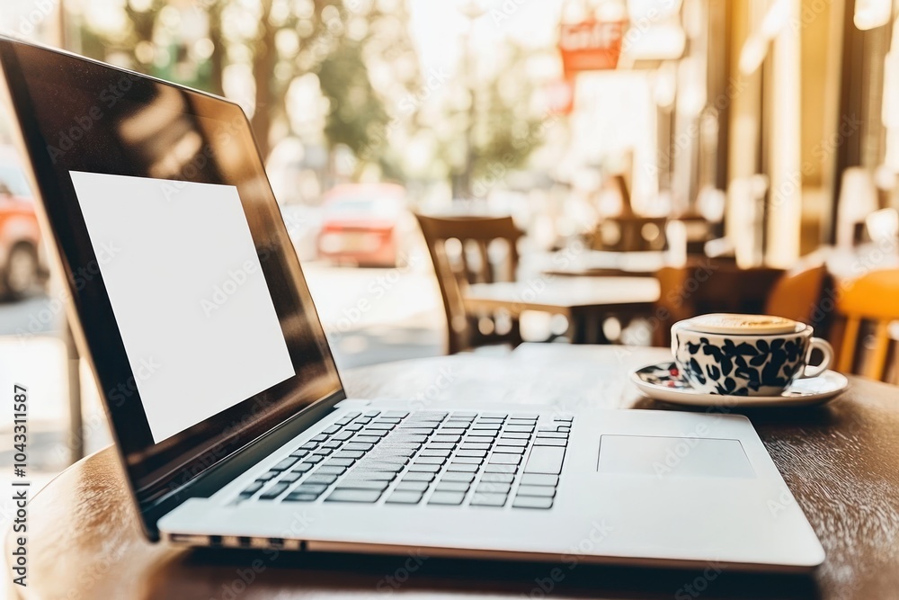 Fototapeta premium A laptop on a wooden table with a coffee cup in a sunny outdoor setting.