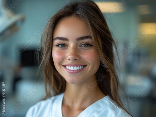 bright and cheerful young female dentist smiling confidently in a modern dental clinic, showcasing her professional demeanor and welcoming approach to patient care in a well-lit environment Free Download bright and cheerful young female dentist smiling confidently in a modern dental clinic, showcasing her professional demeanor and welcoming approach to patient care in a well-lit environment - GFXLoad