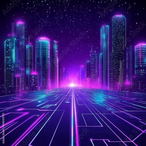 Neon cityscape at night with glowing skyscrapers and a digital road leading to the horizon.