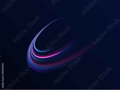 Lines in the shape of a comet against a dark background. Illustration of high speed concept. Motion light effect for banners. Fast speed car. Curved light trail stretched upward.