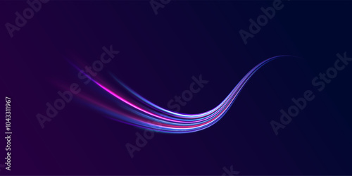 Lines in the shape of a comet against a dark background. Illustration of high speed concept. Motion light effect for banners. Fast speed car. Curved light trail stretched upward.