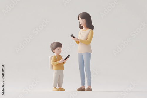 A woman and a child are standing next to each other, both holding cell phones