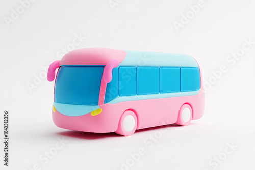 A pink and blue bus with a yellow front