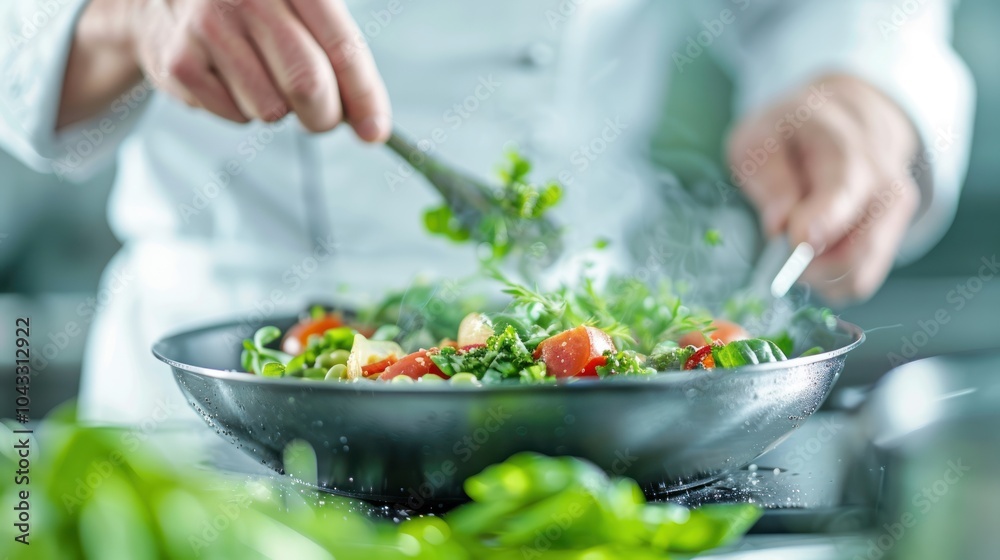 A chef skillfully prepares a fresh vegetable stir-fry, combining colorful ingredients in a heated pan with steam rising.