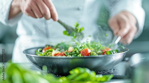 Obraz na płótnie A chef skillfully prepares a fresh vegetable stir-fry, combining colorful ingredients in a heated pan with steam rising. w salonie