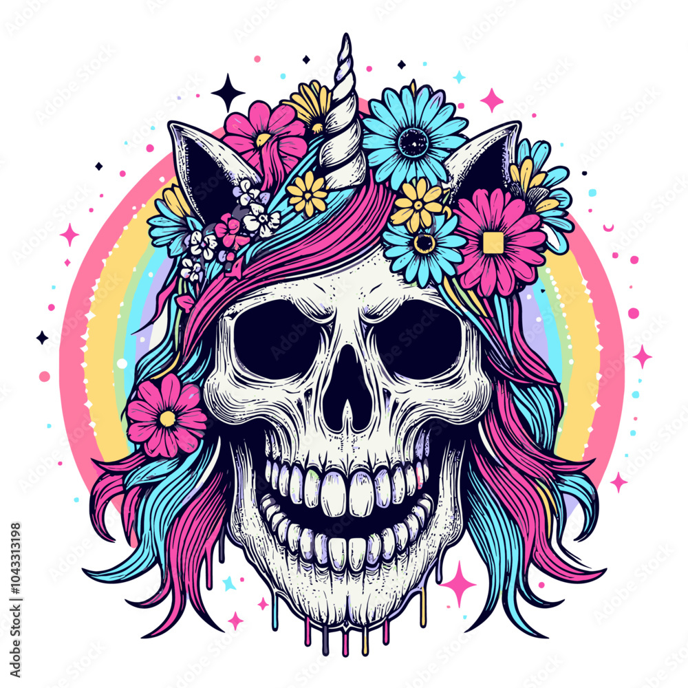 A wild and whimsical vector design featuring a smiling unicorn skull, blending fantasy with a hint of madness and dark humor. A wild and whimsical vector design featuring a smiling unicorn skull, blending fantasy with a hint of madness and dark humor.
