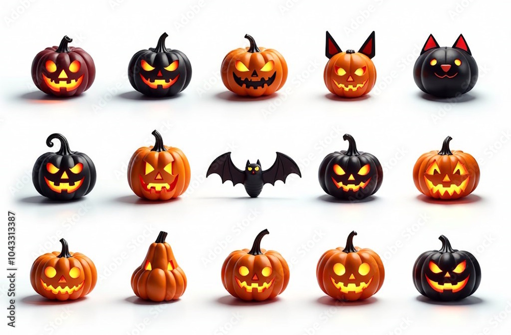Set of web icons of  halloween theme on white, of funny halloween pictures  and other halloween atributes isolated on white background --no shadows, text --ar 3:2
