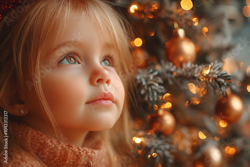 Generative AI image of a child with blue eyes waiting for Christmas gifts, surrounded by festive lights and holiday anticipation