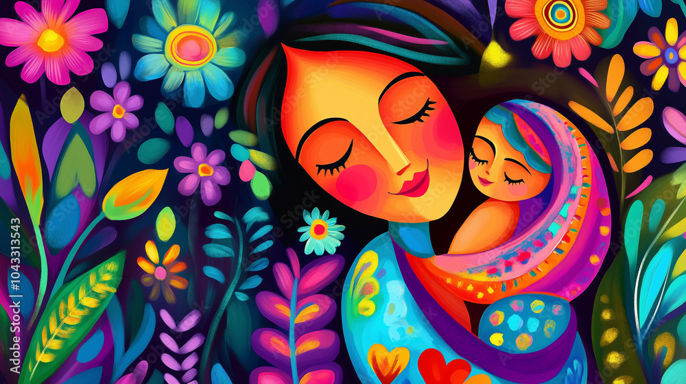 Vibrant and Colorful Abstract Pop Art Illustration Background with Mother and Child Depicting Maternity. Vibrant and Colorful Abstract Pop Art Illustration Background with Mother and Child Depicting Maternity.