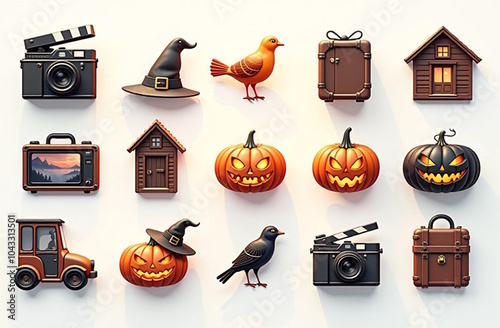 Set of web icons of  halloween theme on white, of funny halloween pictures  and other halloween atributes isolated on white background --no shadows, text --ar 3:2