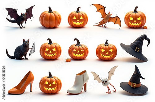 Set of web icons of  halloween theme on white, of funny halloween pictures  and other halloween atributes isolated on white background --no shadows, text --ar 3:2