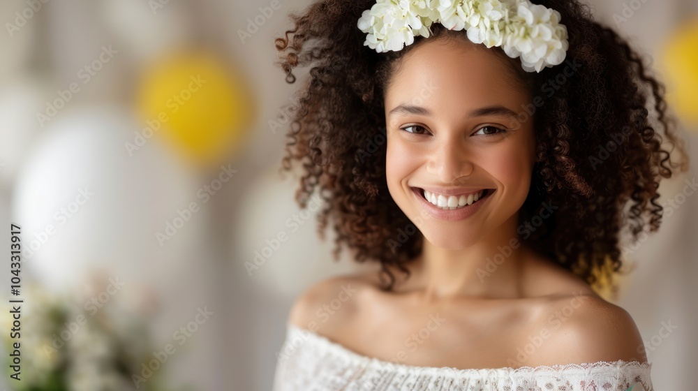 A cheerful young girl with curly hair wears a floral crown, smiling warmly against a backdrop of soft balloons and decorations.