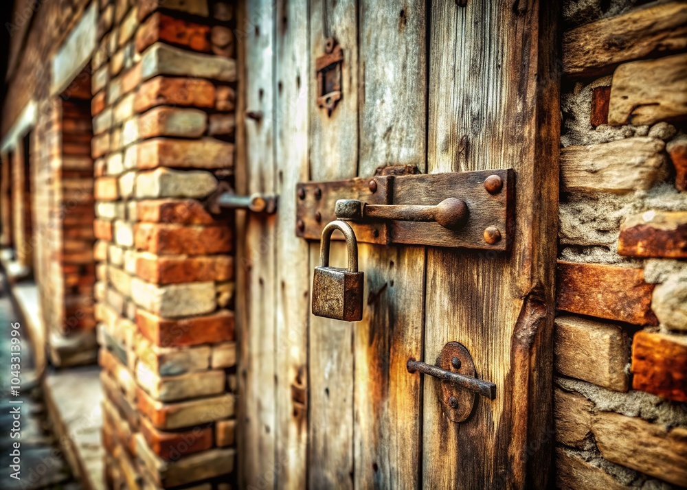 A weathered wooden door, locked and aged, stands against a brick wall, miniature in scale. A weathered wooden door, locked and aged, stands against a brick wall, miniature in scale.