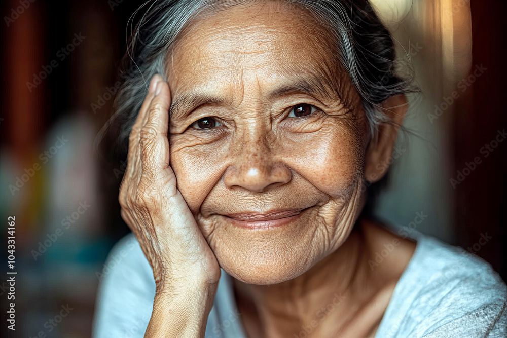 Smiling elderly woman resting her head on her hand, expressing warmth and wisdom. Smiling elderly woman resting her head on her hand, expressing warmth and wisdom.