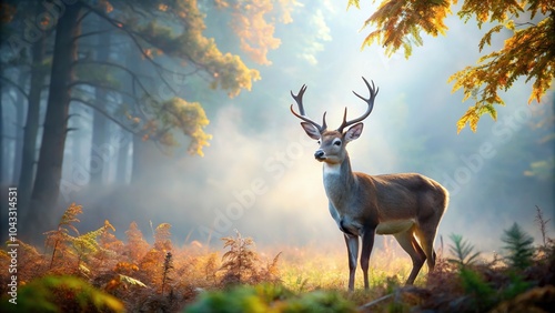 A white-tailed deer emerges from the mist, its silhouette a graceful shadow in the forest.