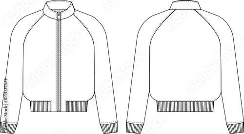 mandarin collared zippered long sleeve ribbed cuff hem slouchy loose sport raglan jacket sweatshirt coat template technical drawing flat sketch cad mockup fashion men unisex woman design style model 

