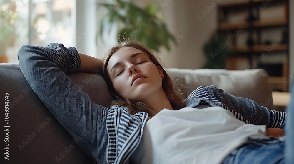 A young woman is sleeping on a couch with her head resting on her arm, wearing a white t-shirt, blue jeans, and a black and white striped shirt. A young woman is sleeping on a couch with her head resting on her arm, wearing a white t-shirt, blue jeans, and a black and white striped shirt.
