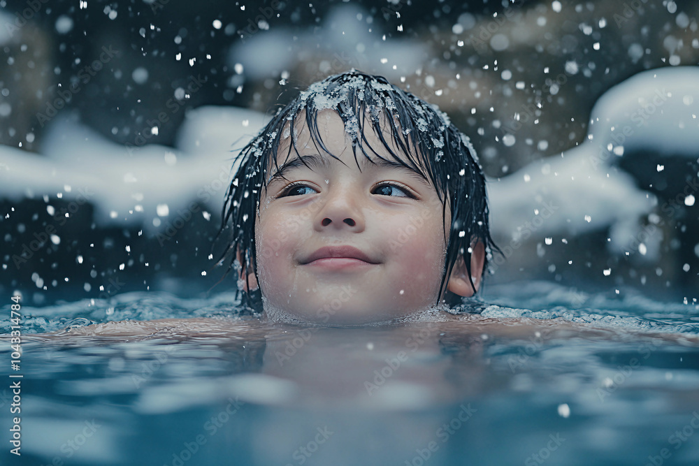 Generative AI: Smiling child enjoying winter swimming at snowy resort paradise Generative AI: Smiling child enjoying winter swimming at snowy resort paradise