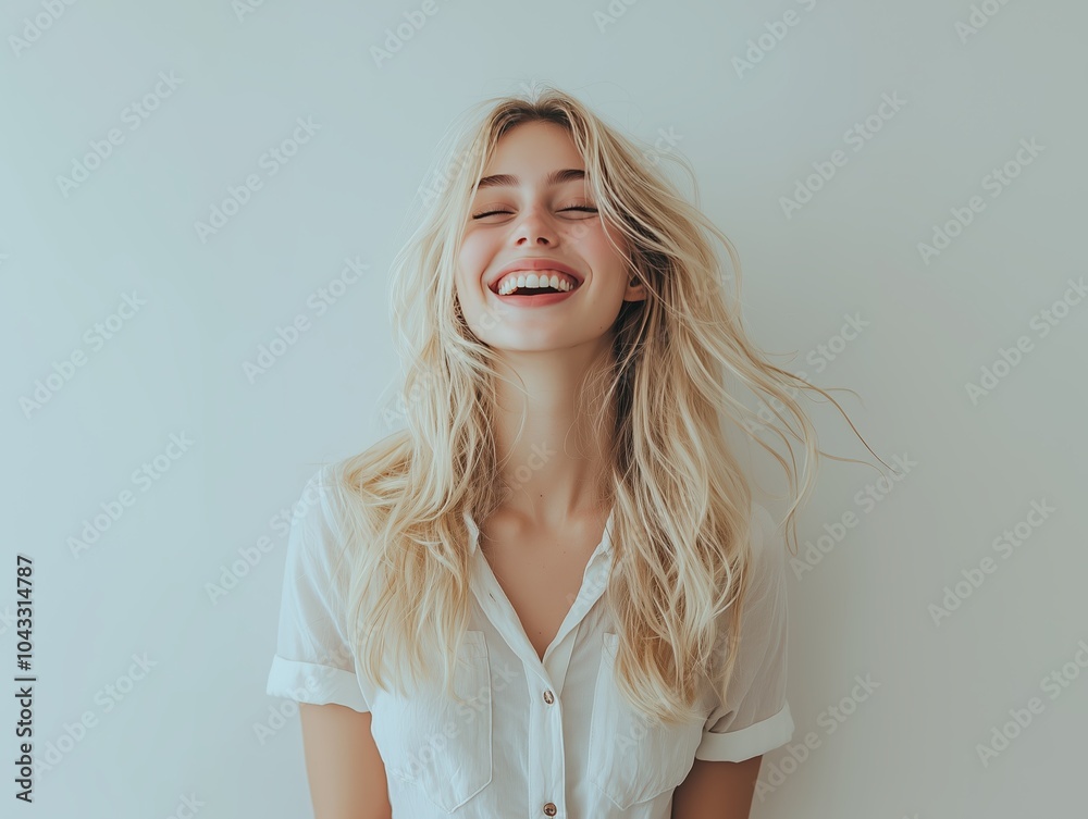 Happy Blonde Woman Laughing in a White Shirt. Generative AI.